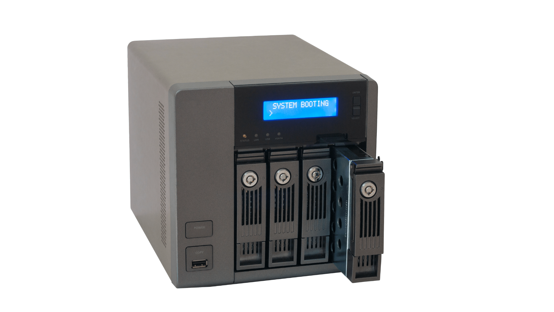 NAS device with system booting screen and removable drive bays for secure local data storage