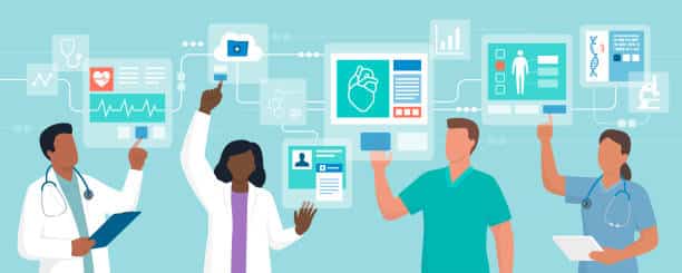 Healthcare professionals accessing files remotely.
