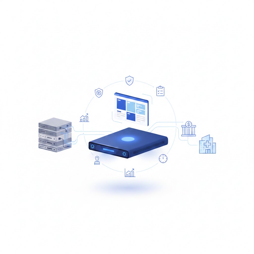 Illustration of upgrading from legacy storage servers to a modern Windows based storage platform with finance and healthcare icons on a clean white background.